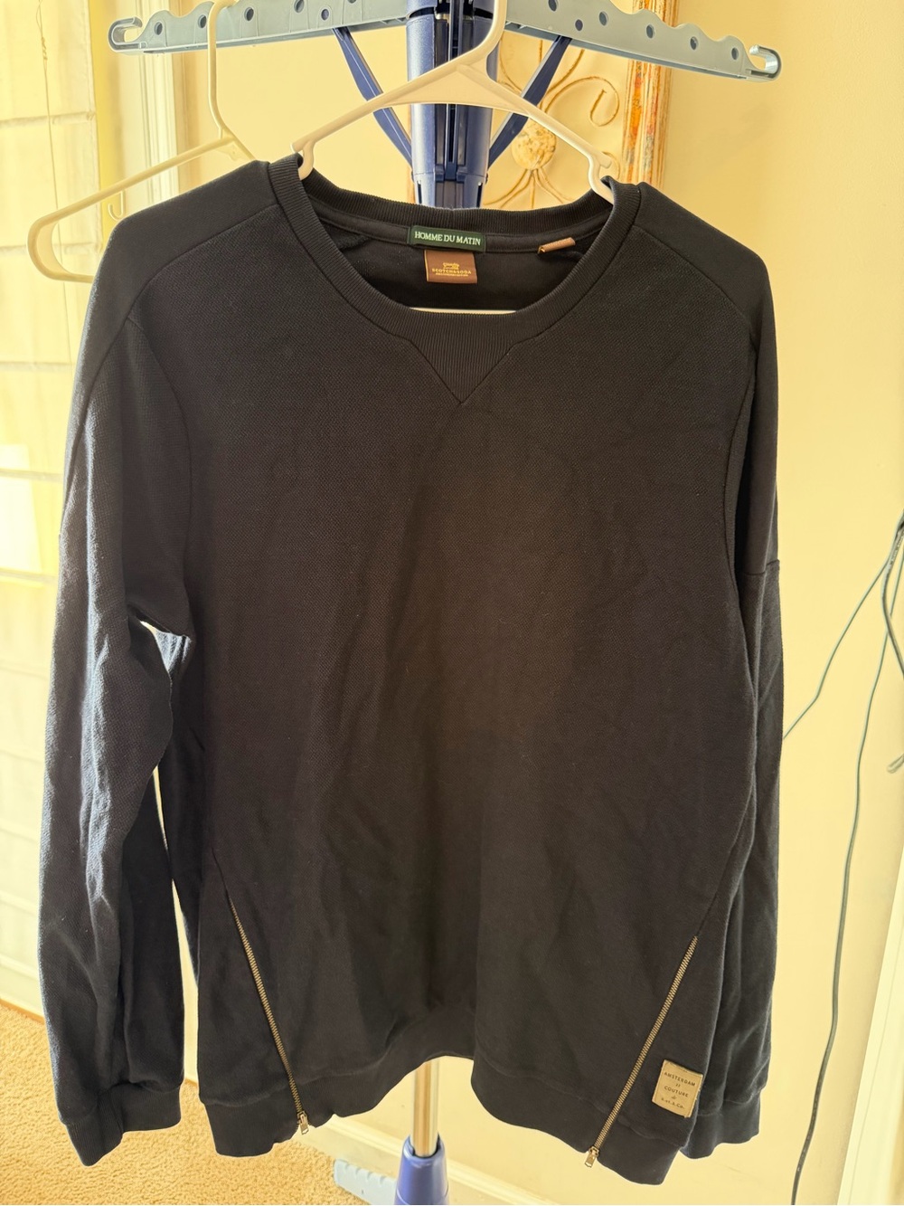 Scotch & Soda Navy Blue Crewneck Sweater with Diagonal Hem Zippers